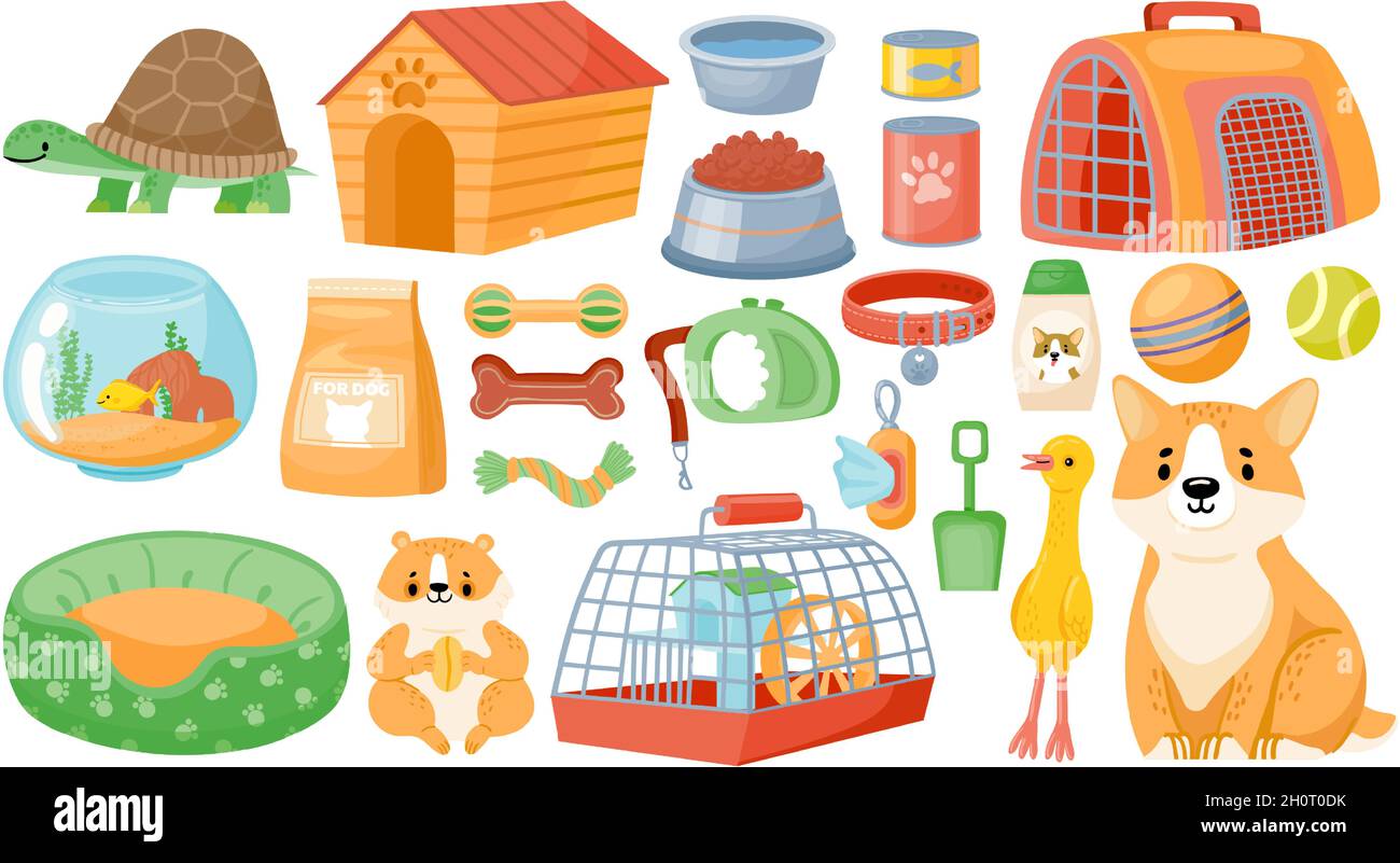 Cartoon pet food, accessories, care items, toys and treats. Animal shop  supplies, collar, dog grooming, hamster cage and aquarium vector set Stock  Vector Image & Art - Alamy