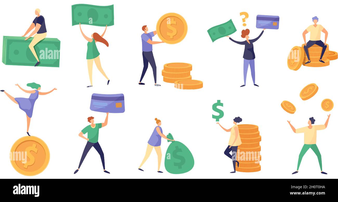 Tiny characters hold money bill, coin and salary. Cartoon rich people with currency. Finance debts, savings and investing concept vector set Stock Vector