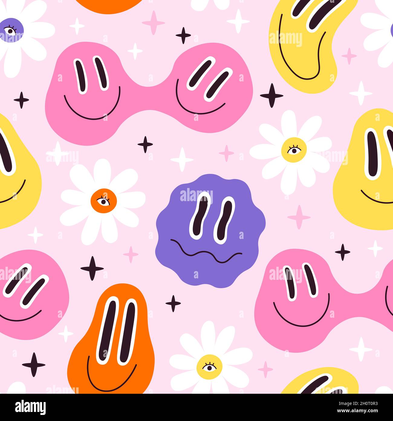 Melted Smiley Faces And Flowers Trippy Seamless Pattern Retro Hippie Psychedelic Distorted Emoji Lava Lamp Smiley Face Vector Wallpaper Stock Vector Image Art Alamy