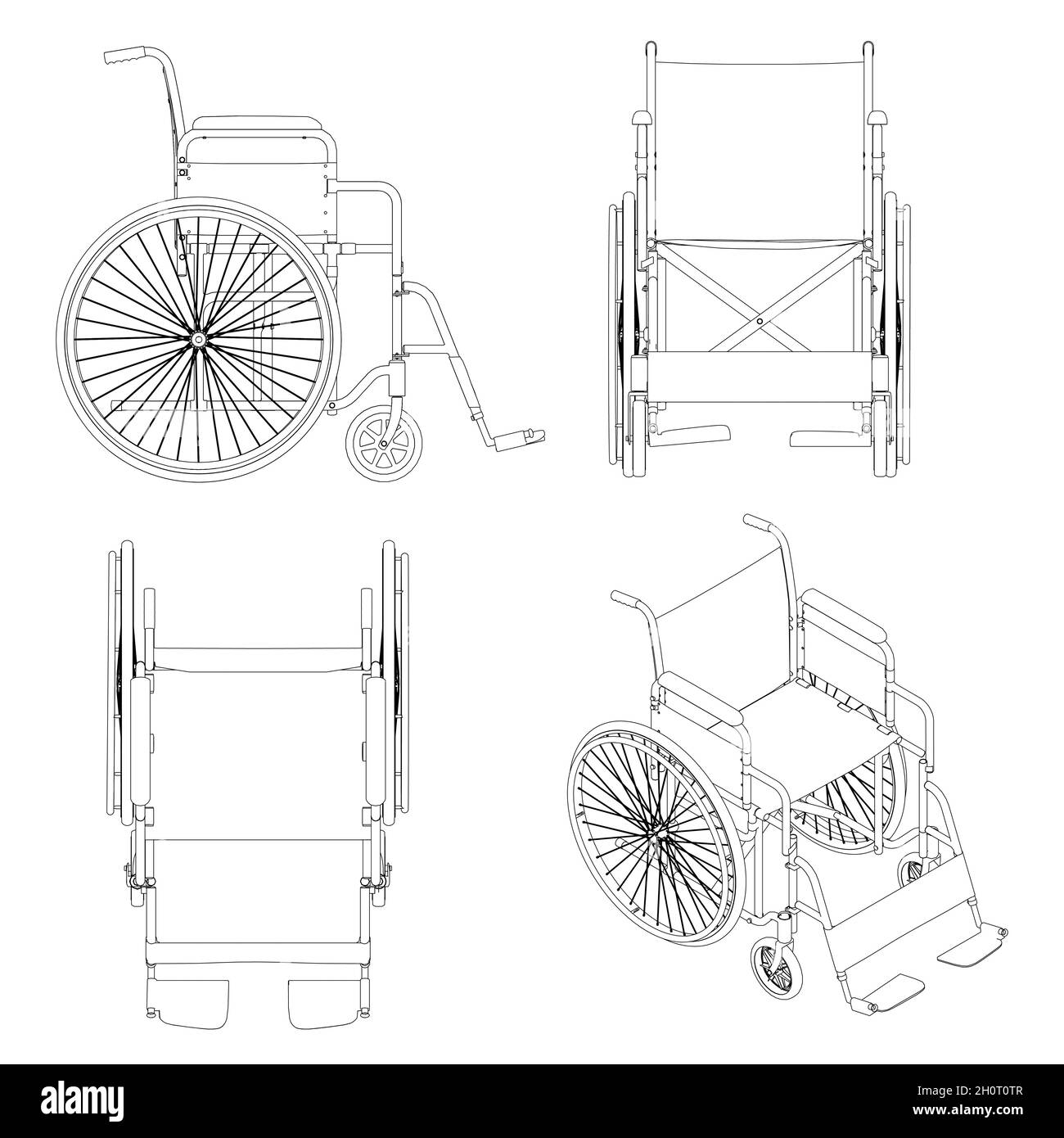 Set with contours of wheelchairs isolated on white background. Isometric view, front, top, side. Vector illustration. Stock Vector