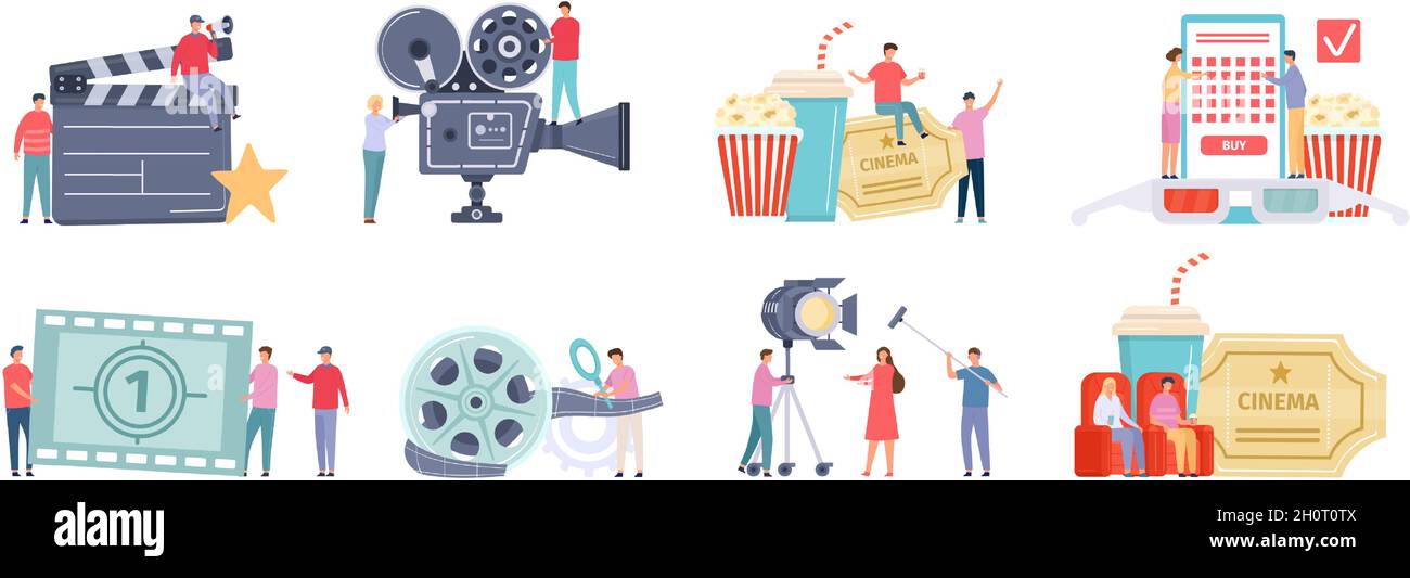 Flat tiny characters recording, making and watching movies. Film director, shooting crew, people at cinema. Movie production team vector set Stock Vector