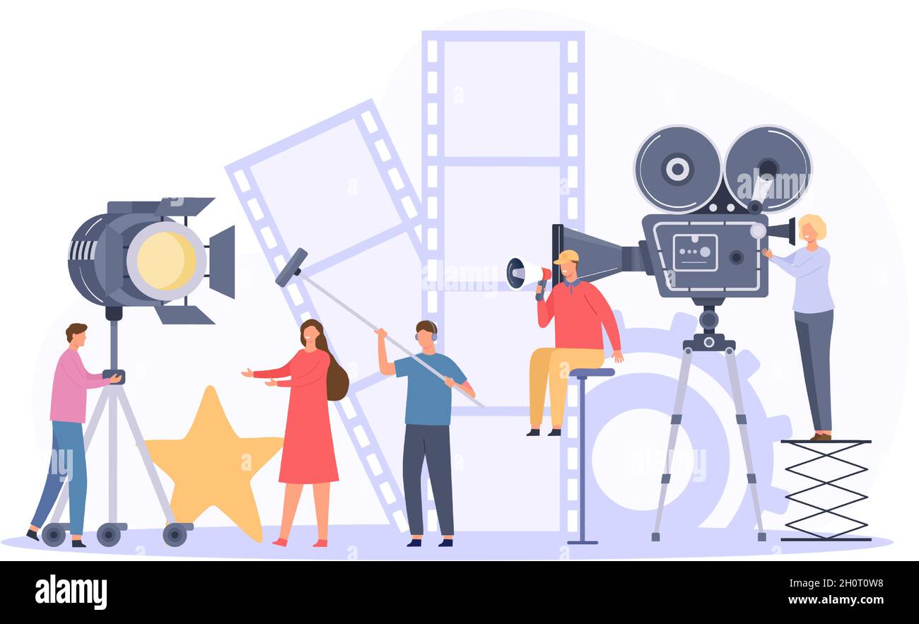 Movie production team shooting film actor on camera. Flat cinema director and crew record video scene. Movie making industry vector concept Stock Vector