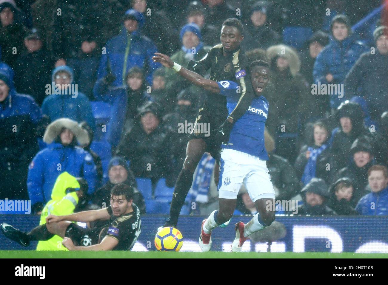 Everton's Idrissa Gueye is tackled by Leicester City's Wilfred Ndidi Stock Photo