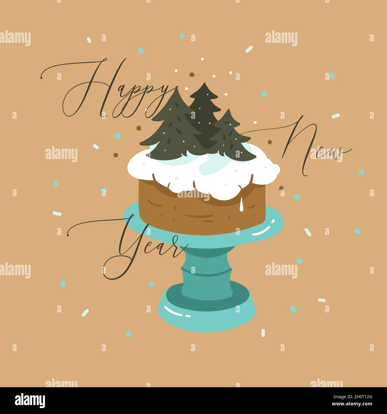 Hand drawn vector abstract fun Merry Christmas and Happy New Year time cartoon illustration greeting card with xmas cake stand and Happy New Year text Stock Vector