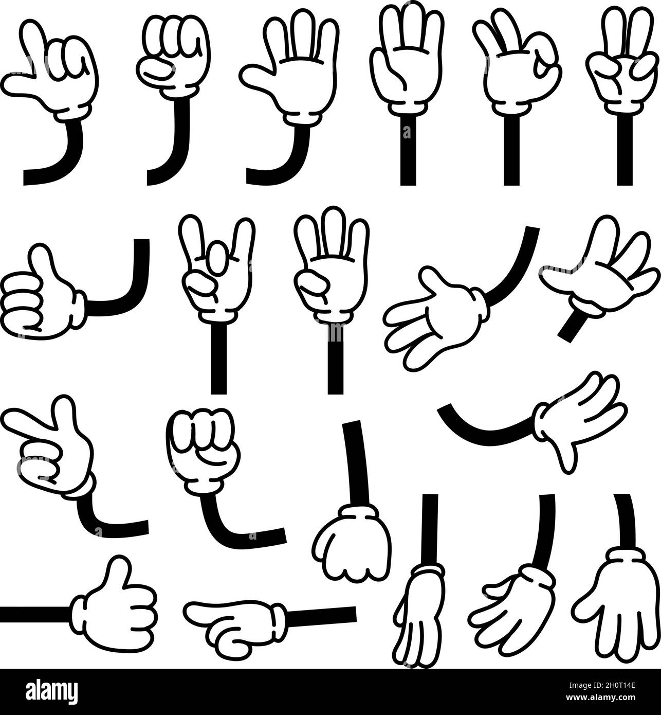 Retro comic hands gestures in gloves for cartoon characters. Doodle arm pointing finger. Thumb up, fist, rock and victory signs vector set Stock Vector