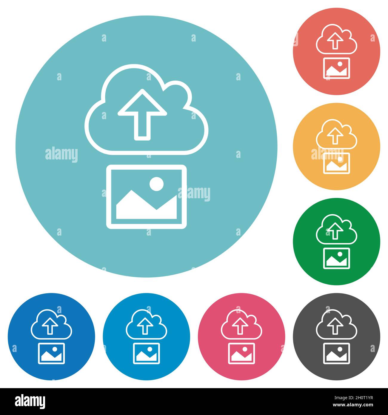 Upload image to cloud outline flat white icons on round color ...