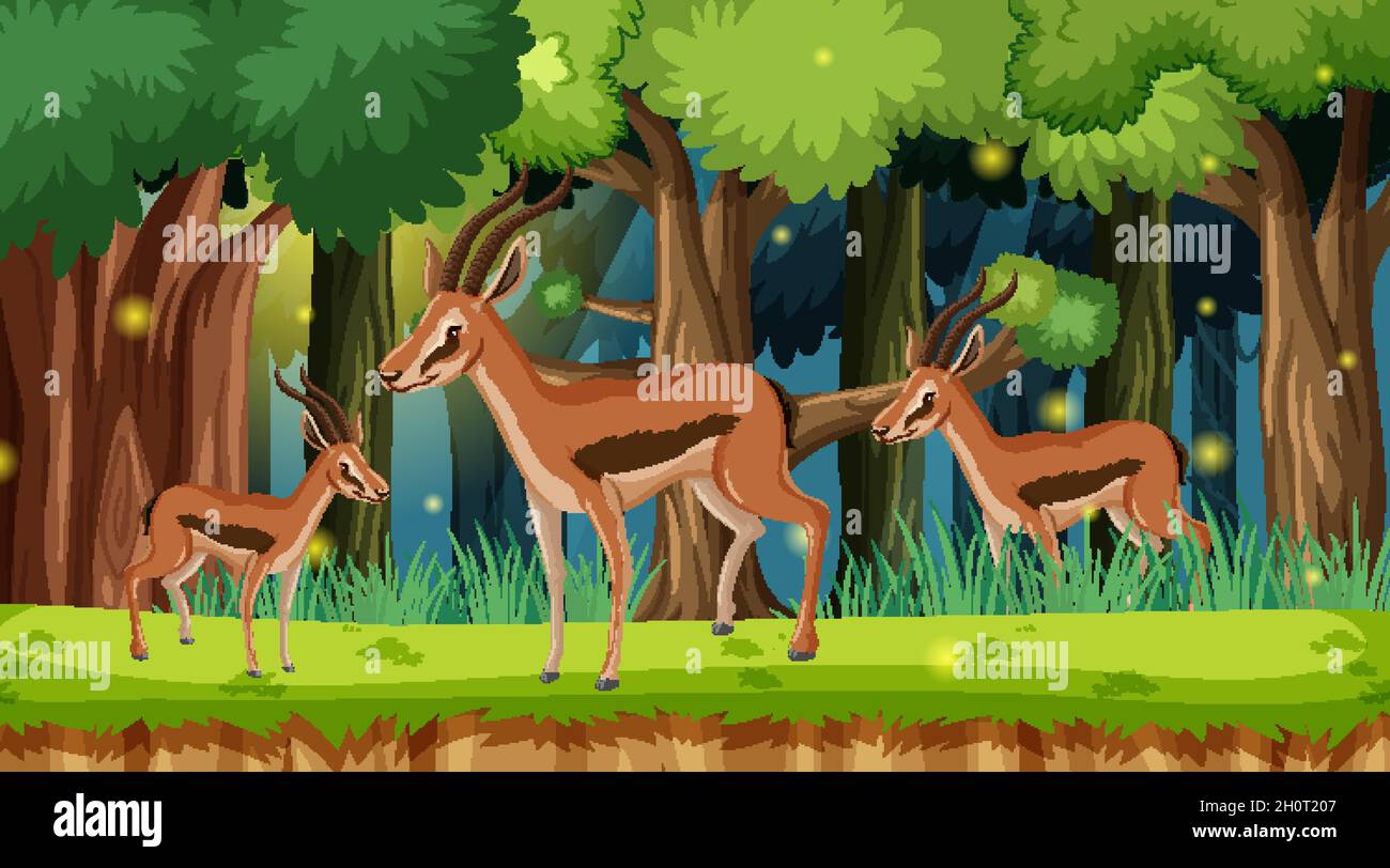 Wild animals in forest landscape background illustration Stock Vector ...