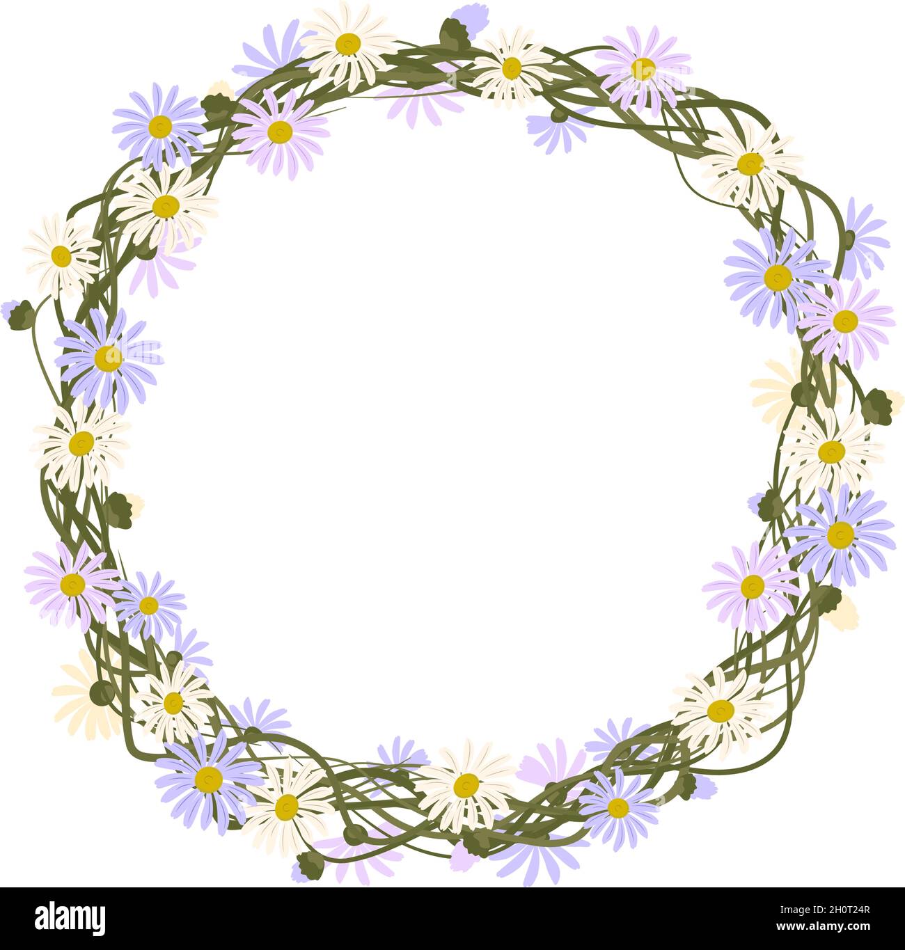 Daisy wreath. Round frame, cute purple and white flowers chamomile with ...