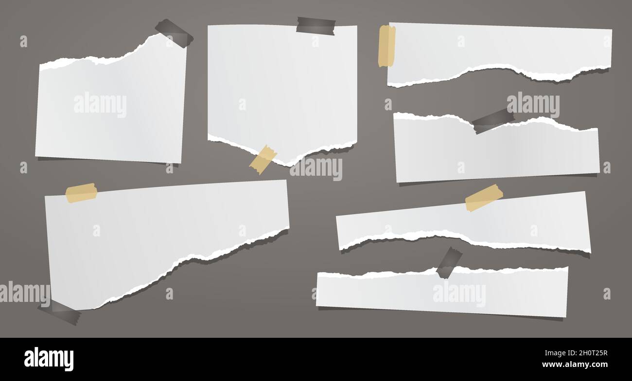 Set of torn white note, notebook paper pieces with sticky tape stuck on dark grey background. Vector illustration Stock Vector