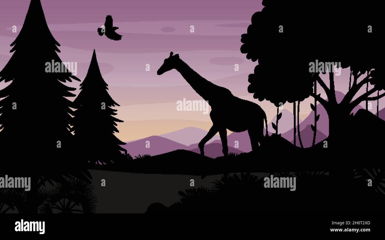 Silhouette twilight forest landscape background illustration Stock ...