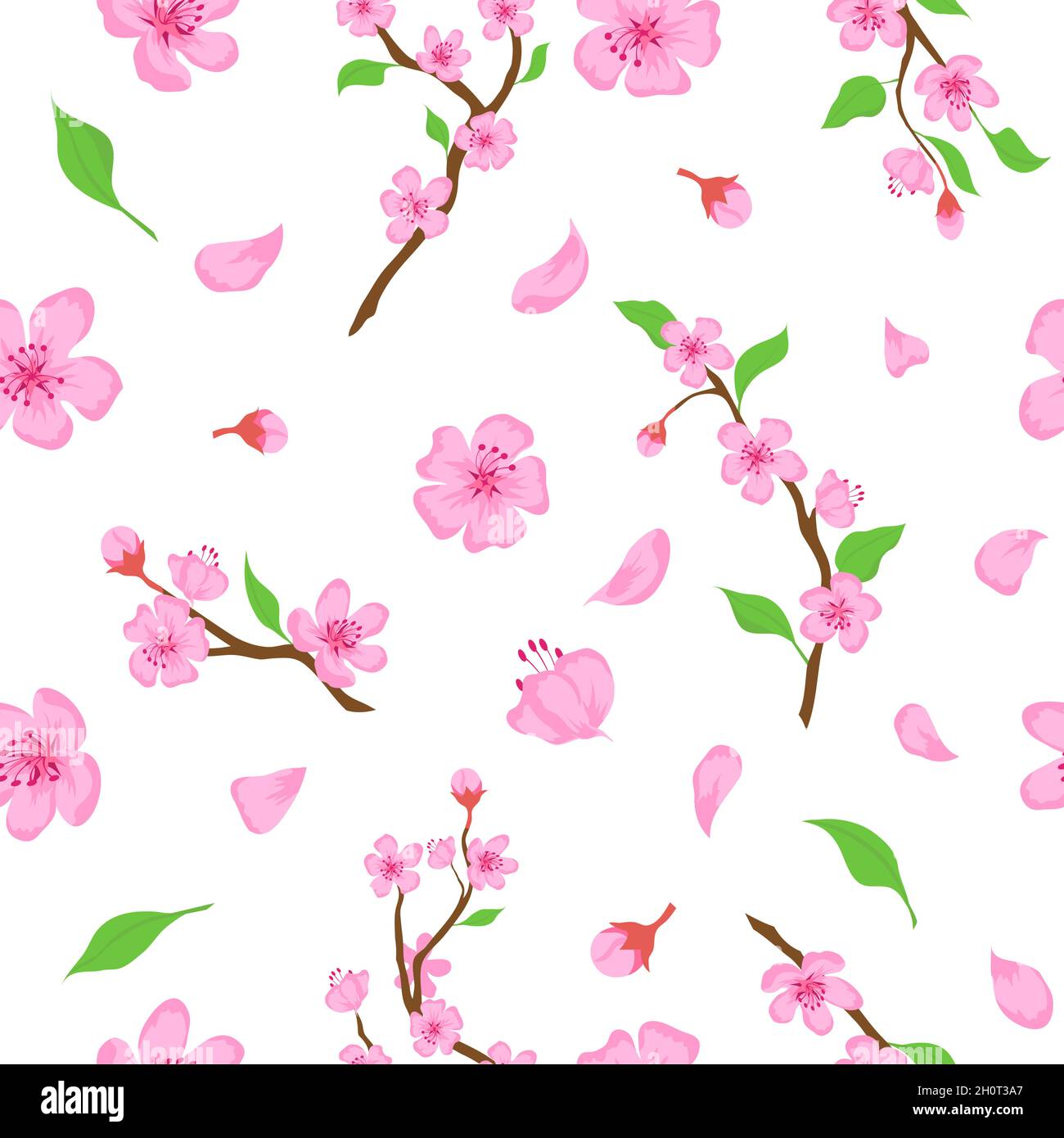 Pink sakura blossom flowers, petals and branches seamless pattern. Japanese spring cherry blooming print. Romantic floral vector wallpaper Stock Vector