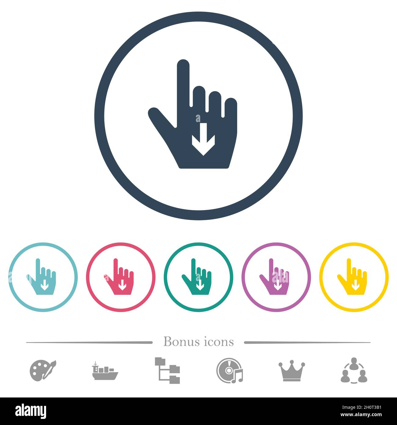 Hand cursor down solid flat color icons in round outlines. 6 bonus ...