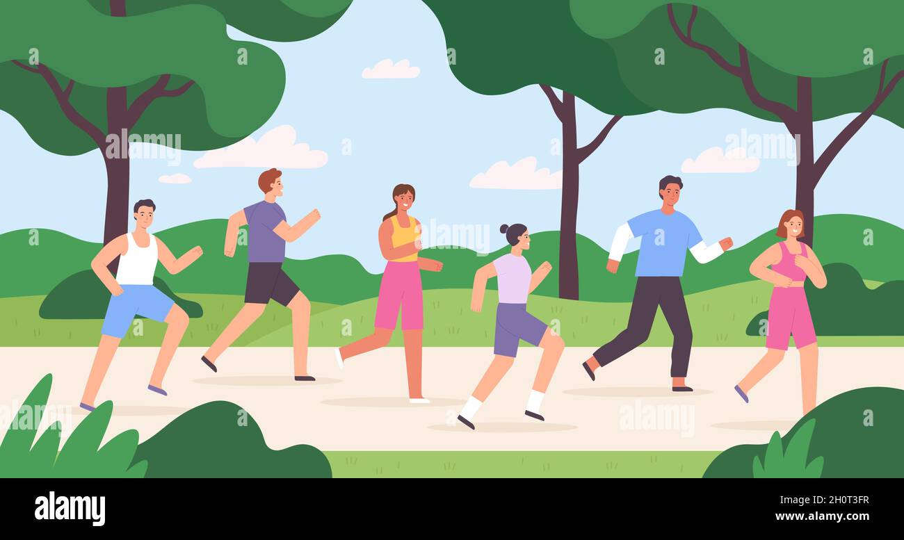 Cartoon group of people jogging in city park, race competition. Outdoor run  exercise. Men and women athletes running marathon vector concept Stock  Vector Image & Art - Alamy