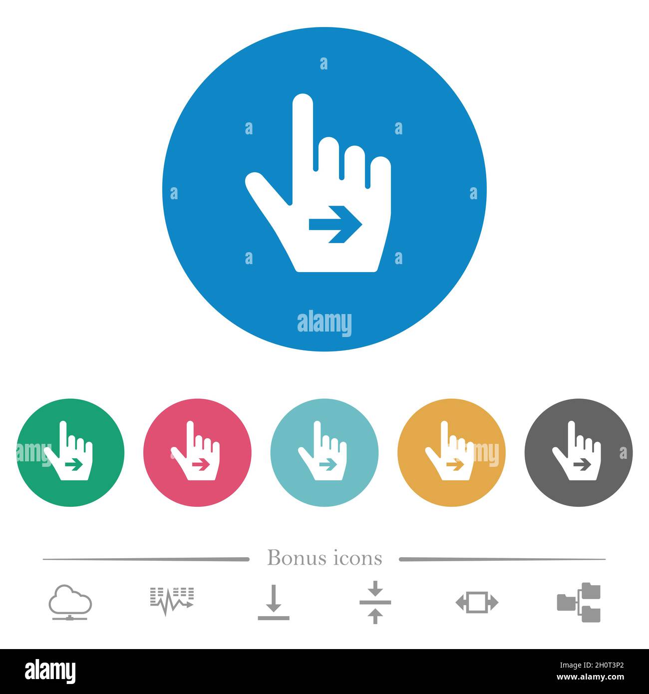 Hand cursor right solid flat white icons on round color backgrounds. 6 ...
