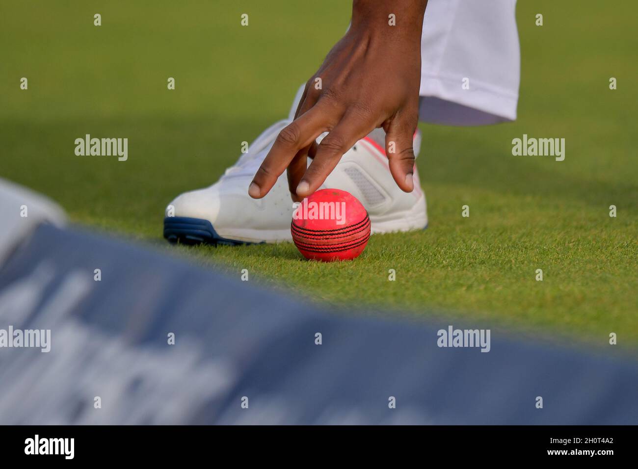 The pink ball is fielded near the boundary during the first Invested Test Match between England and the West Indies at Edgbaston cricket ground, Birmingham. Picture date: Thursday August 17, 2017. Photo credit should read: Anthony Devlin/Empics Contributor Stock Photo