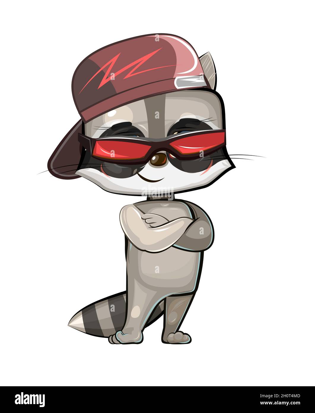 Cute Raccoon in cool sunglasses and a baseball cap backwards. Good
