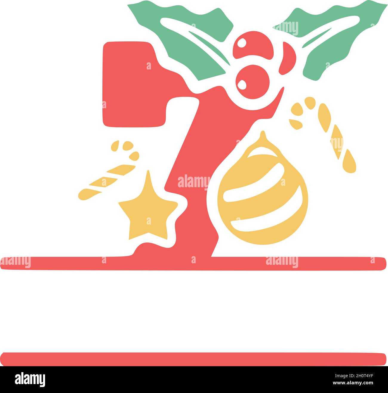 Number 7 is decorated with mistletoe and Christmas elements, personalized monogram, vector logo, emblems or initial design. Stock Vector