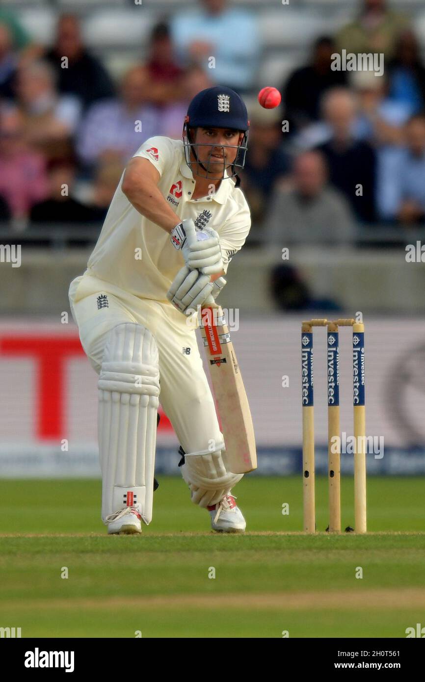 England's Alastair Cook bats during the first Invested Test Match between England and the West Indies at Edgbaston cricket ground, Birmingham. Picture date: Thursday August 17, 2017. Photo credit should read: Anthony Devlin/Empics Contributor Stock Photo