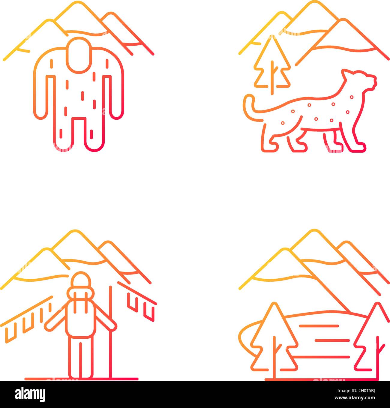Mountaineering in Nepal gradient linear vector icons set Stock Vector