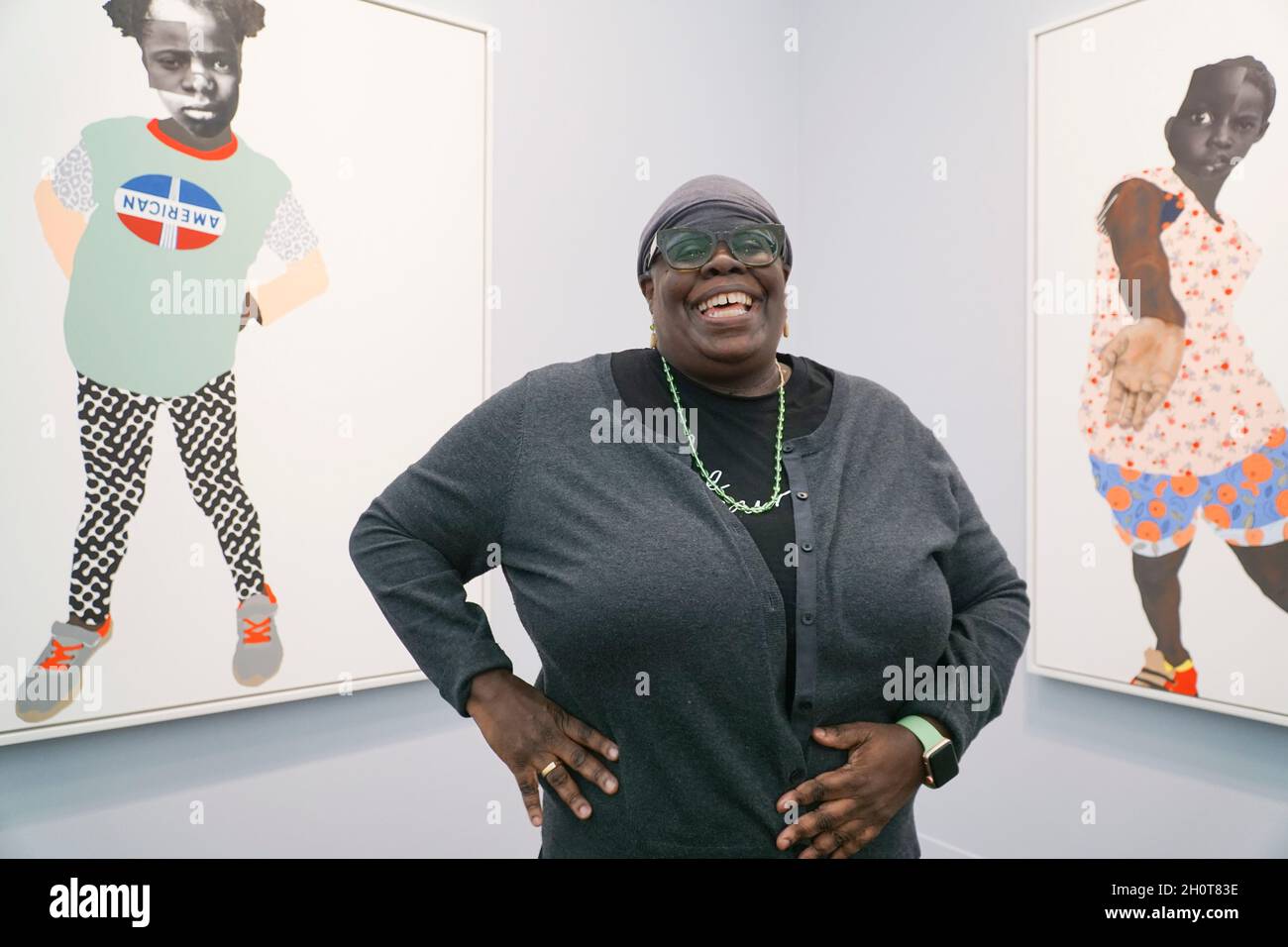 London, UK, 14 October 2021: Frieze art fair opens in London with contemporary art from around the world. American artist Deborah Roberts has a presentation of her distinctive style of paintings using collage and mixed media. Anna Watson/Alamy Live News Stock Photo