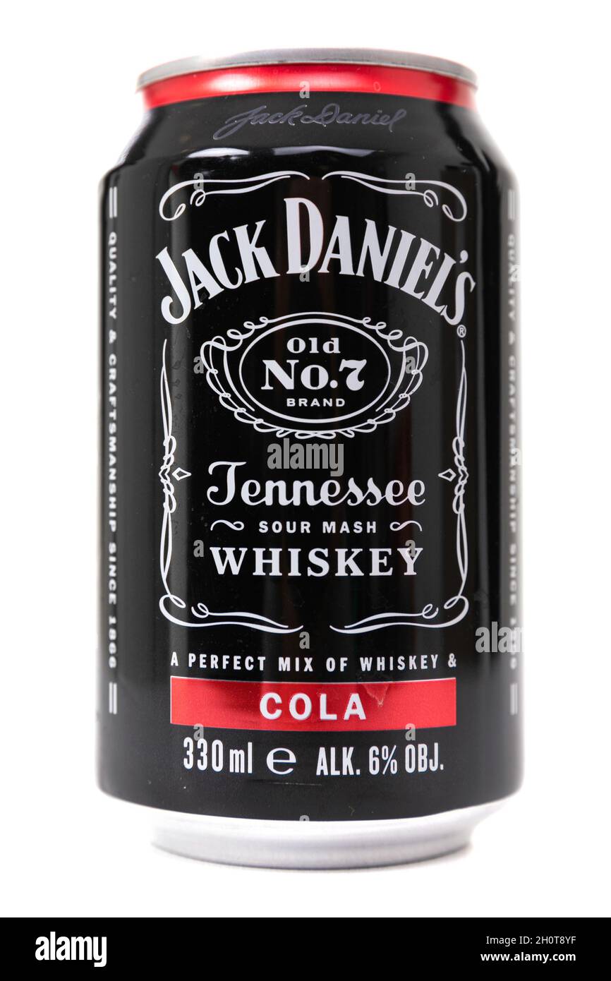 MINSK, BELARUS - OCT 14, 2021: Jack daniels cocktail whiskey with cola in an aluminum can, close-up on white background Stock Photo