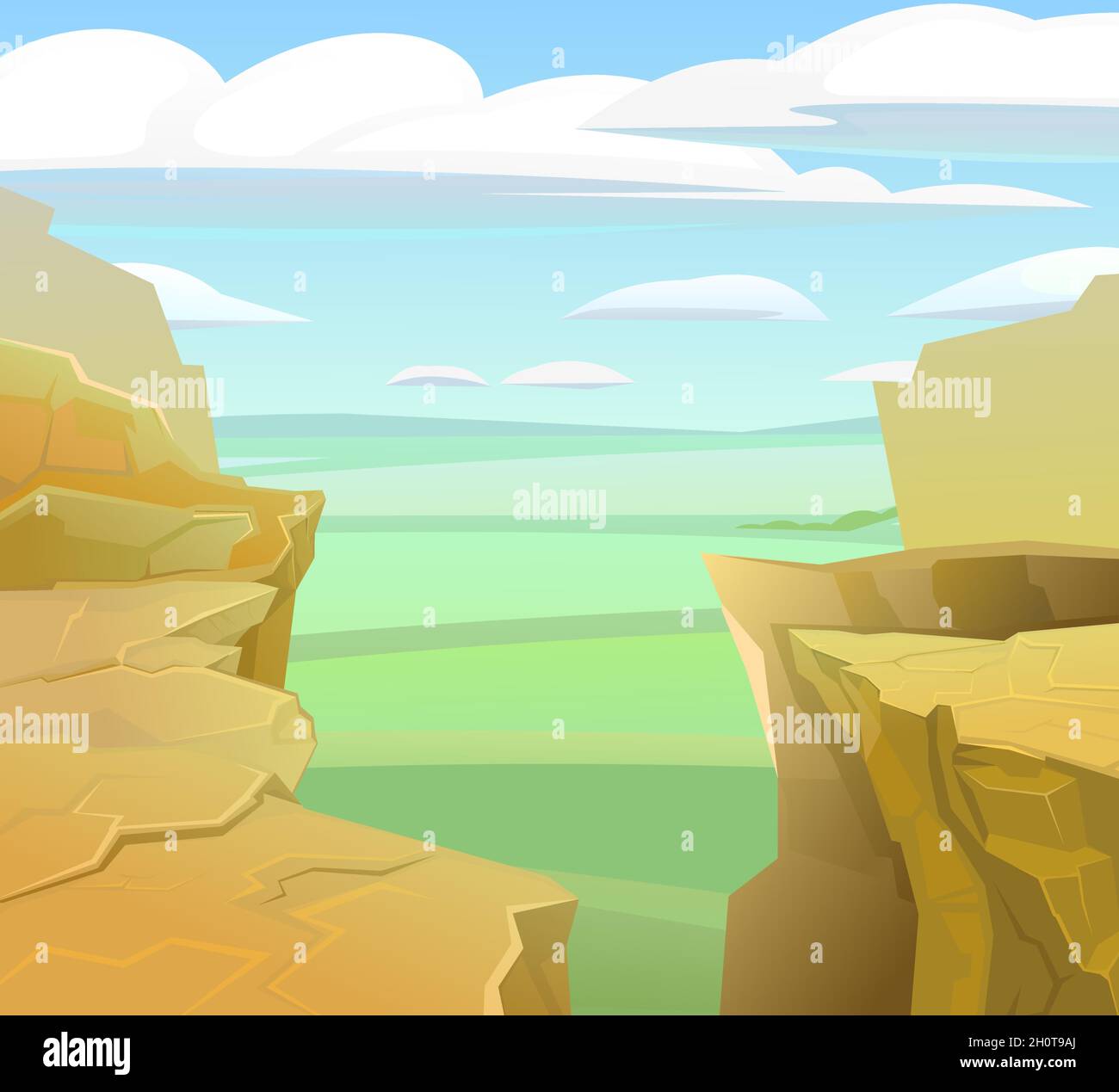 Rocky cliffs. The edges of the cliff. Horizon distance from above. Natural landscape with stones. Illustration in cartoon style flat design. Vector. Stock Vector