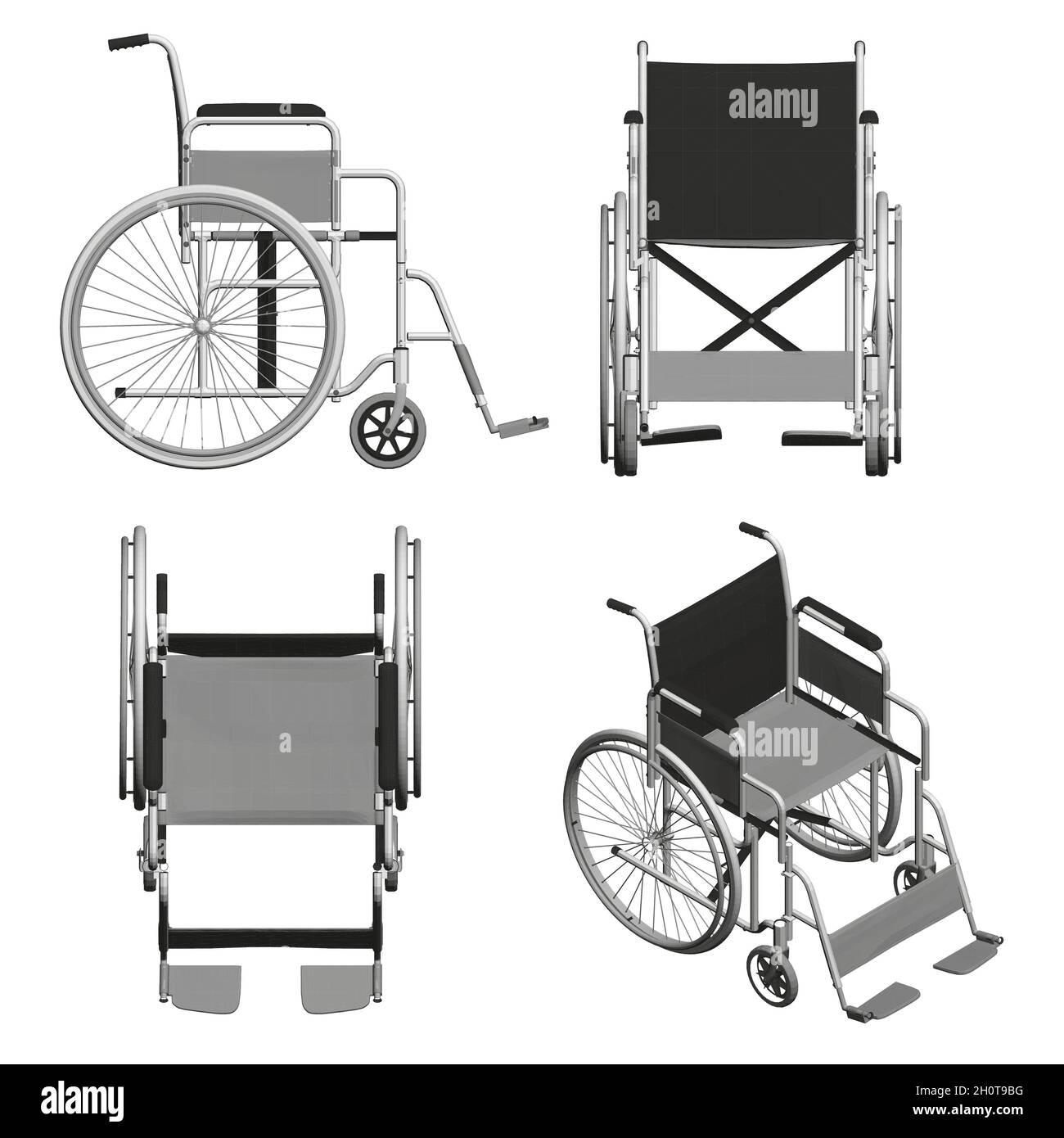 Set with wheelchairs isolated on white background. Isometric view, front, top, side. 3D. Vector illustration. Stock Vector