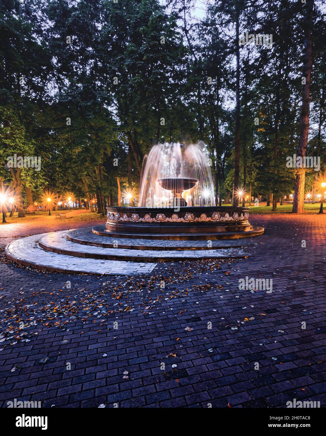 A fountain with blurred streams of water in a night park illuminated by ...