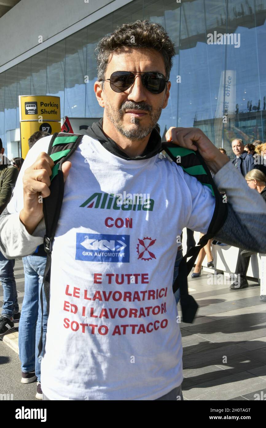 Fiumicino, Italy October 14, 2021, Images of the demonstration of Alitalia employees at Fiumicino Airport, protesting the closure of the Company, Fiumicino, Italy October 14, 2021 Stock Photo