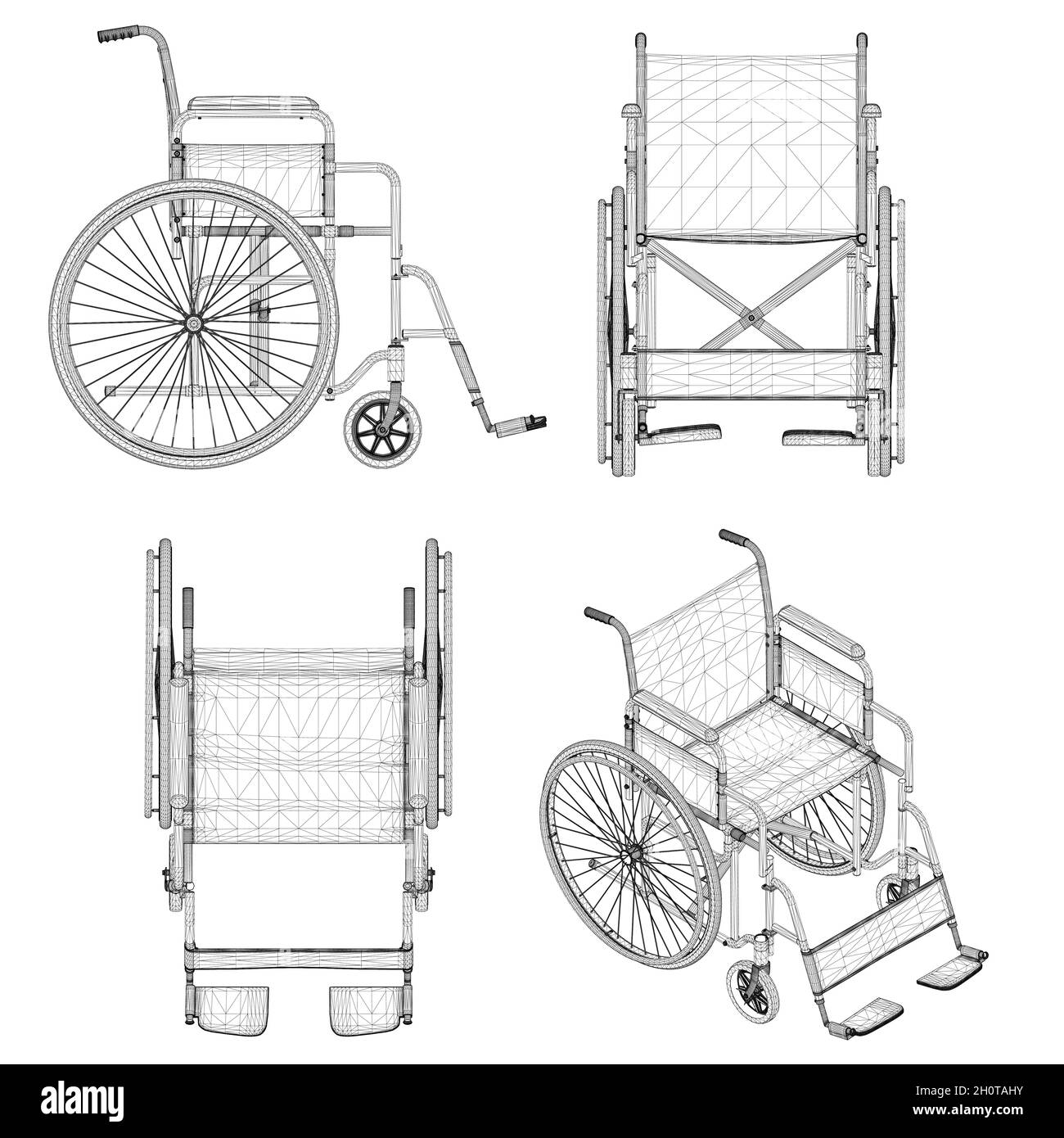 Set with wheelchairs wireframes isolated on white background. Isometric view, front, top, side. 3D. Vector illustration. Stock Vector