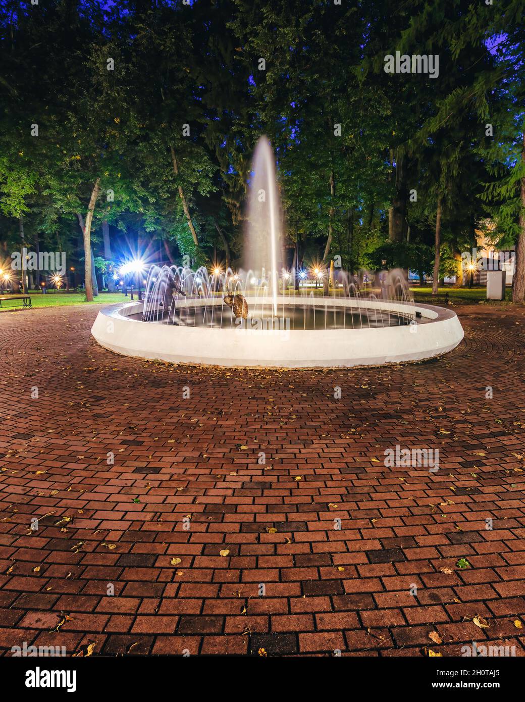 A fountain with blurred streams of water in a night park illuminated by ...