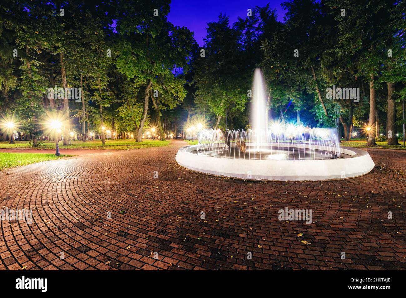 A fountain with blurred streams of water in a night park illuminated by ...