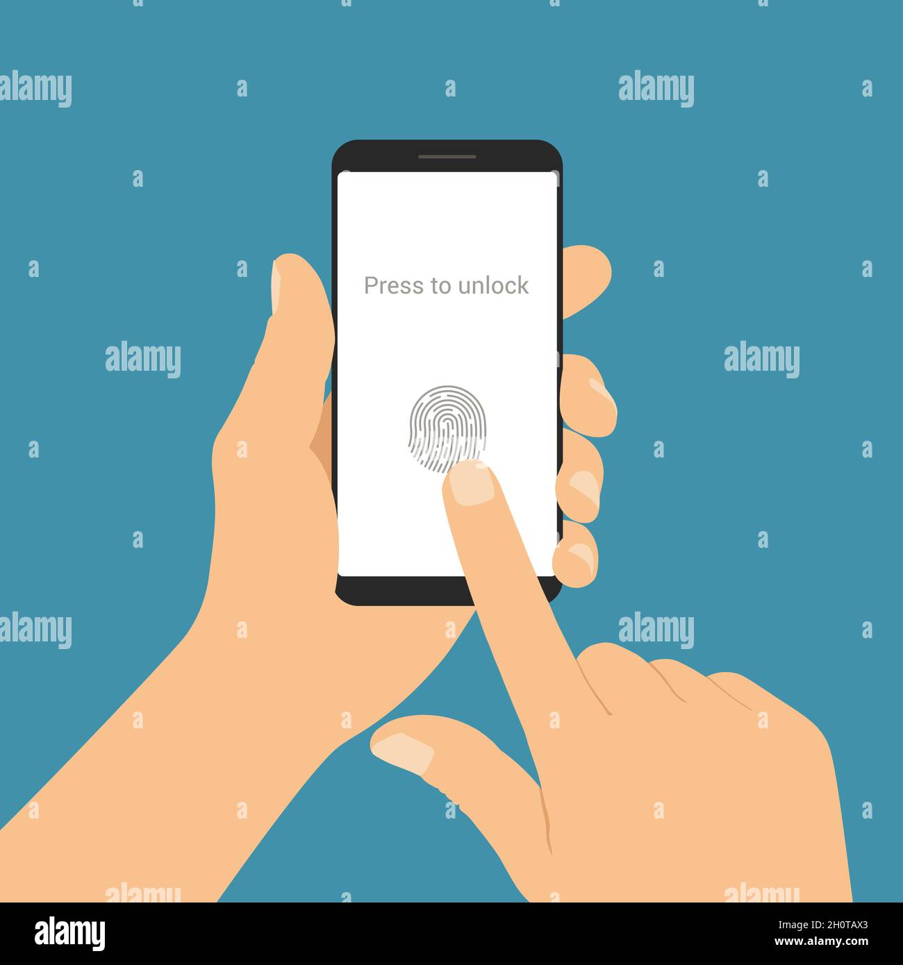 Flat design illustration of male hand holding smartphone. Unlock touch