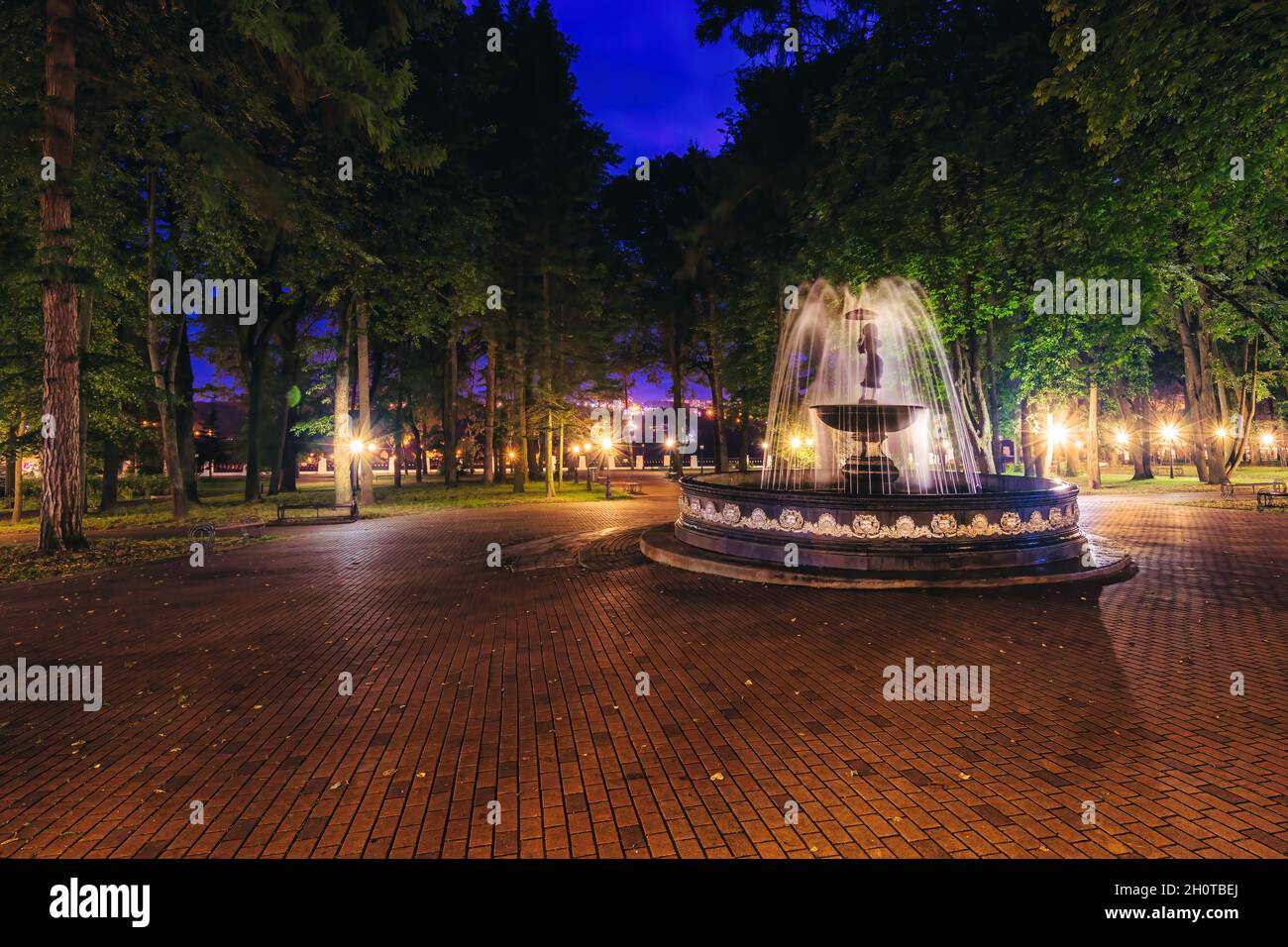 A fountain with blurred streams of water in a night park illuminated by ...