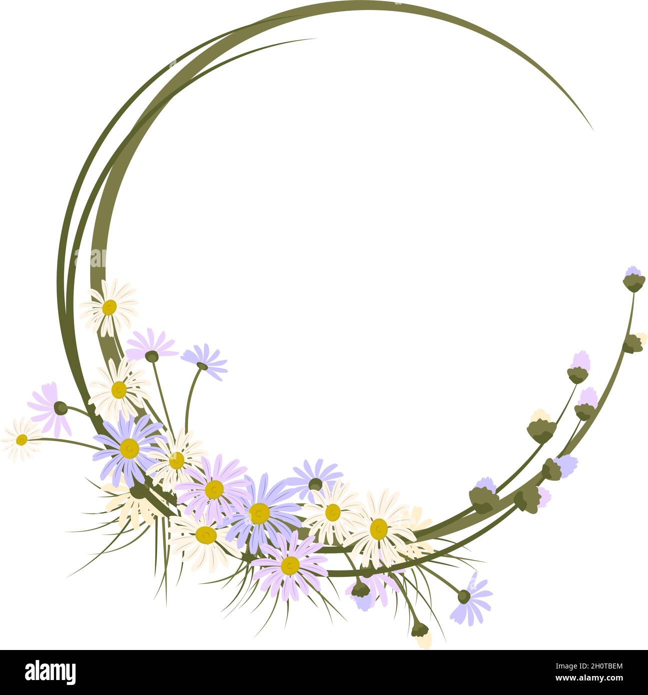 Daisy wreath. Round frame, cute purple and white flowers chamomile with ...
