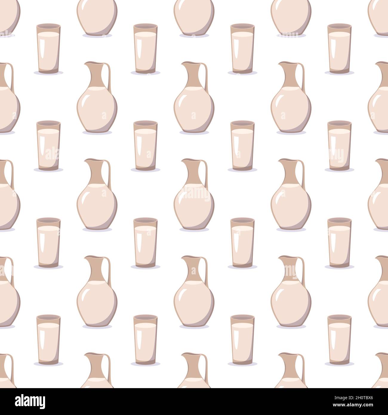 Seamless pattern with a jug and a glass with milk. Print with kefir or other liquid. Farm products rich in vitamins and calcium in the background. Vector flat illustration Stock Vector