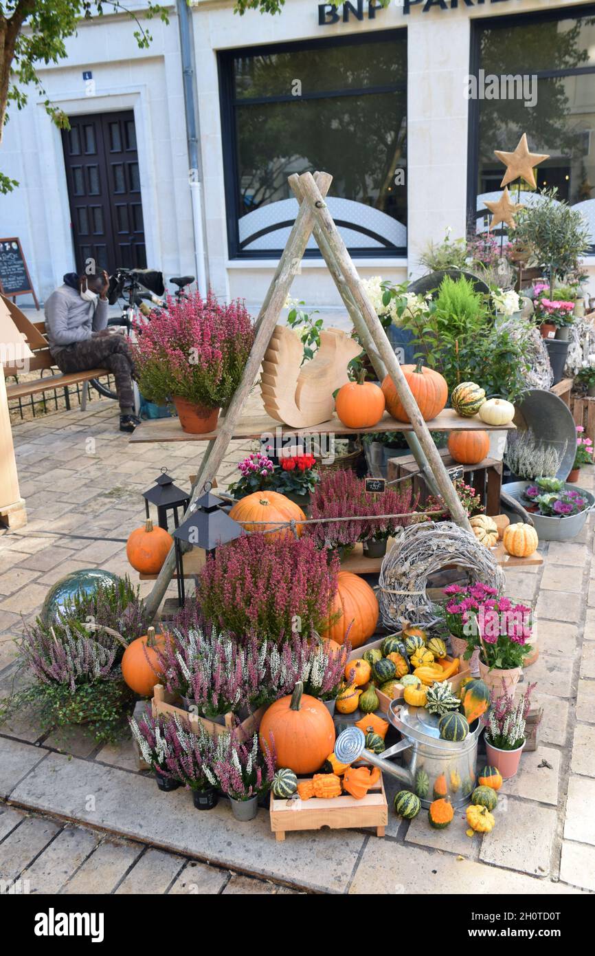 Hallowe'en decoration outside flower shop, Orleans, France 2021 Stock