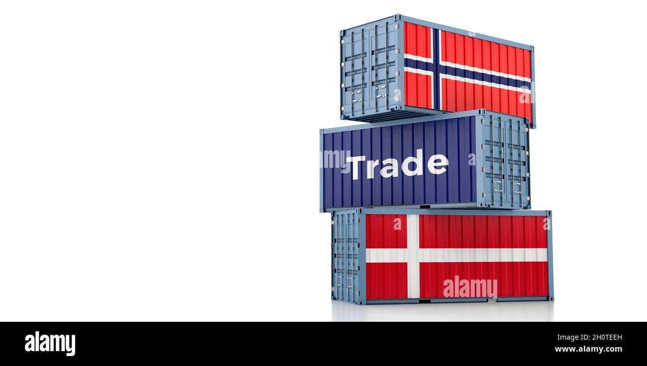 Shipping containers with Norway and Denmark flag. 3D Rendering Stock