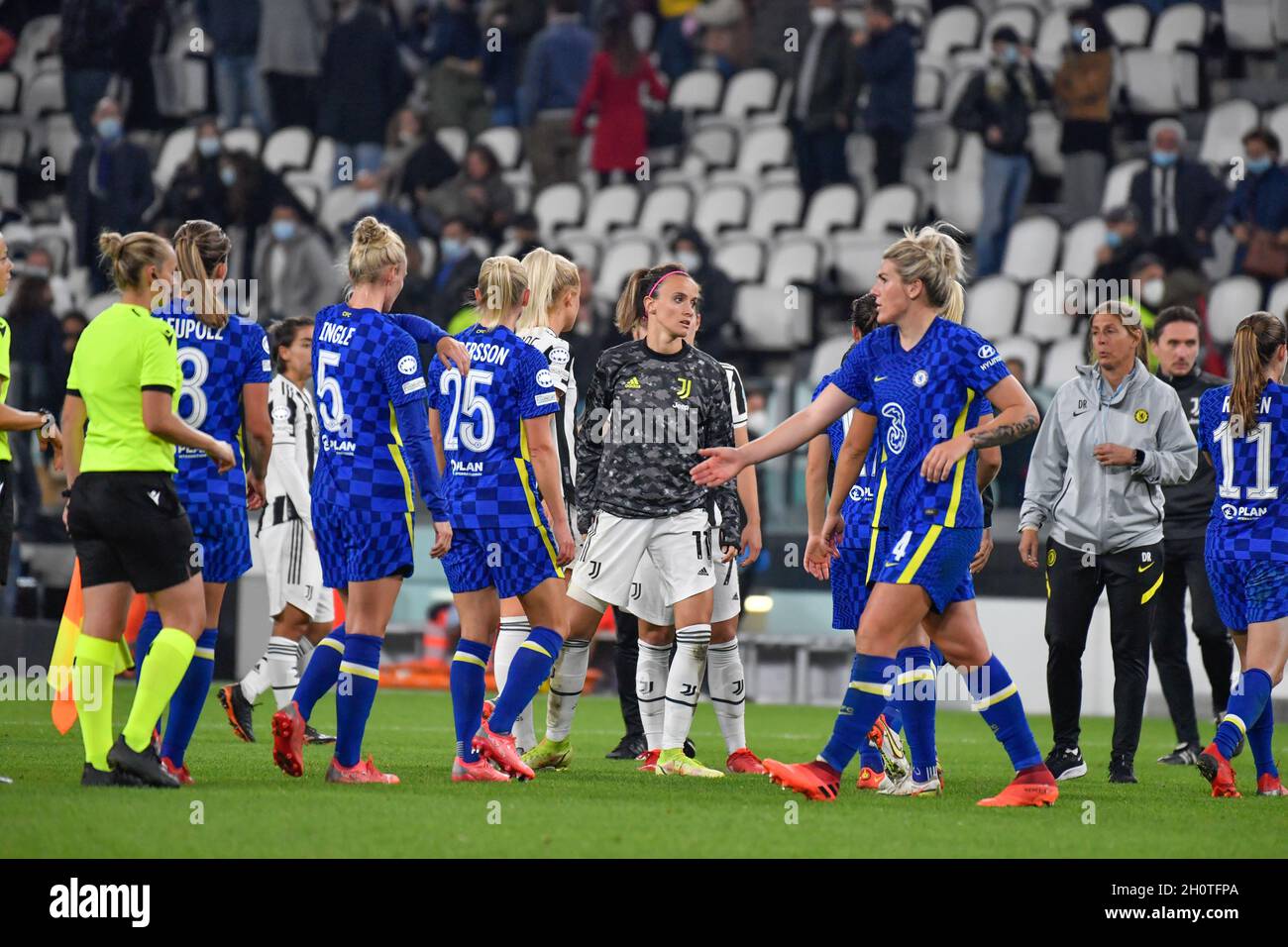 Turin, Italy. 13th Oct, 2021. Sophie Ingle (5), Jonna Andersson (25) and Millie Bright (4) of Chelsea seen after the UEFA Women's Champions League match between Juventus and Chelsea at Juventus Stadium in Turin. (Photo Credit: Gonzales Photo/Alamy Live News Stock Photo