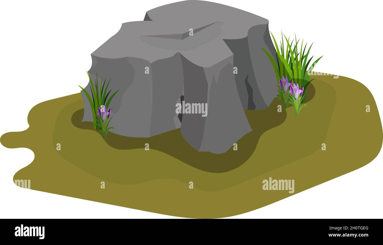 Rock stone with branches of grass and crocus flowers as an attractive landscape design element and cartoon props vector illustration isolated on white Stock Vector