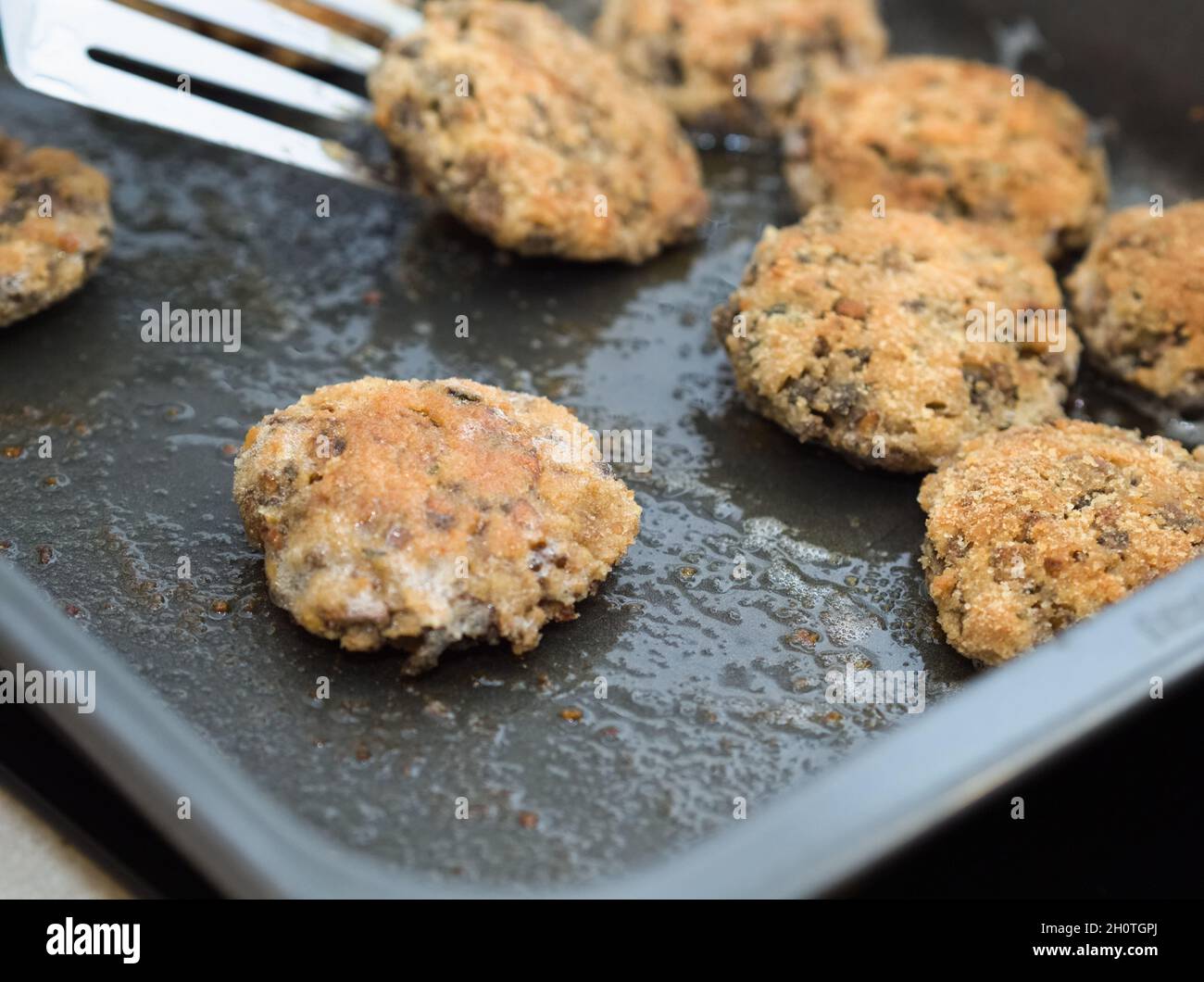 Tasty Vegetarian Mushroom Meatballs on the Baking Sheet Stock Photo