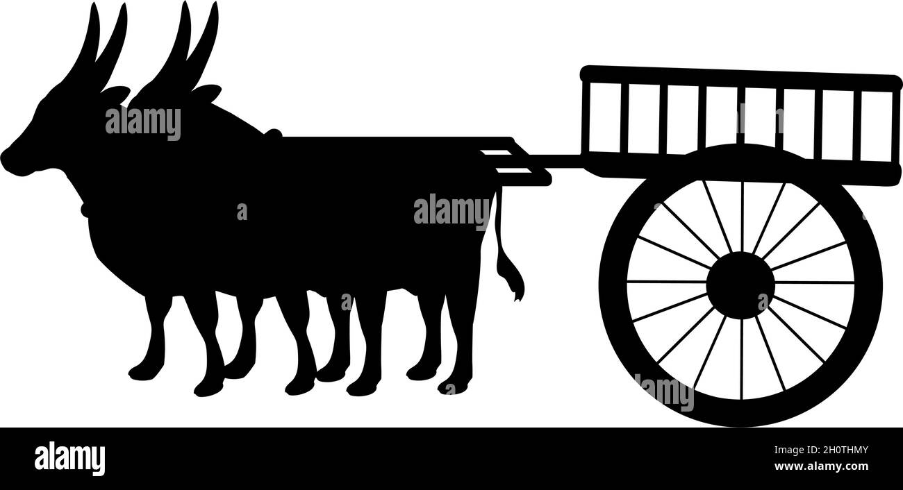Silhouettes Oxen pulling cart. Traditional agriculture transportation. Stock Vector
