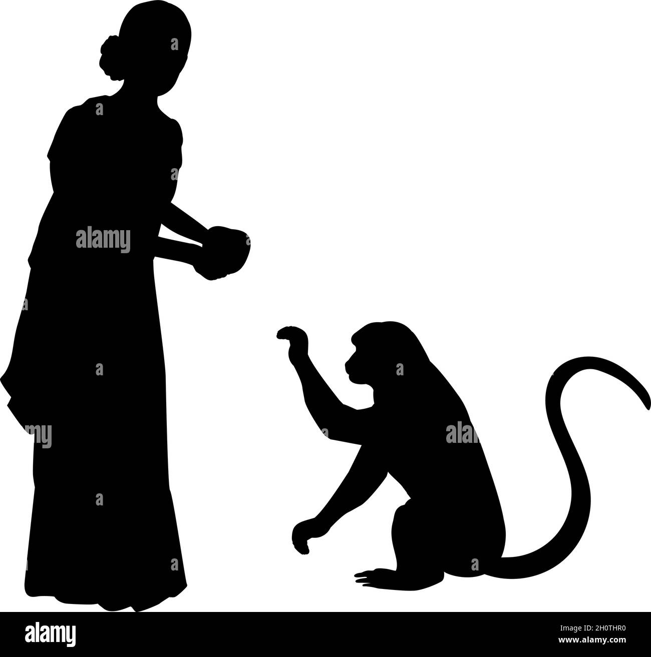 Silhouette Indian woman giving food to the monkey. Stock Vector