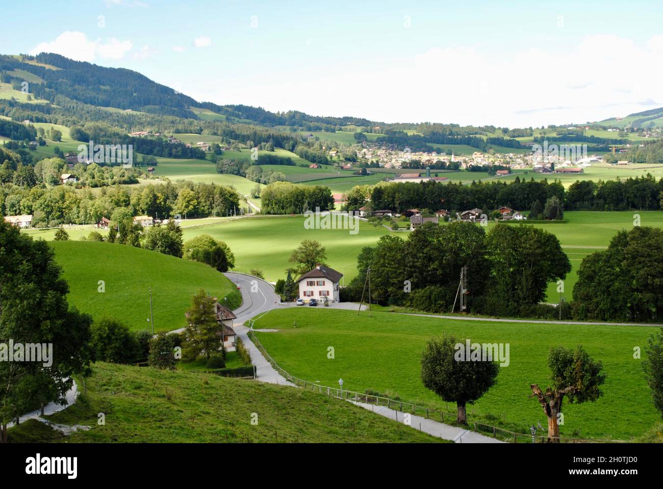 Fields outside of the city of Gruyère in Switzerland Stock Photo