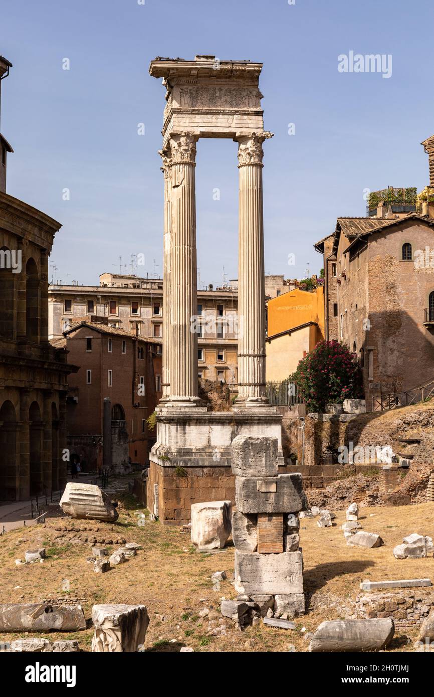 Ancient Roman ruins by Teatro di Marcello or Theatre of Marcellus in Rome, Italy Stock Photo