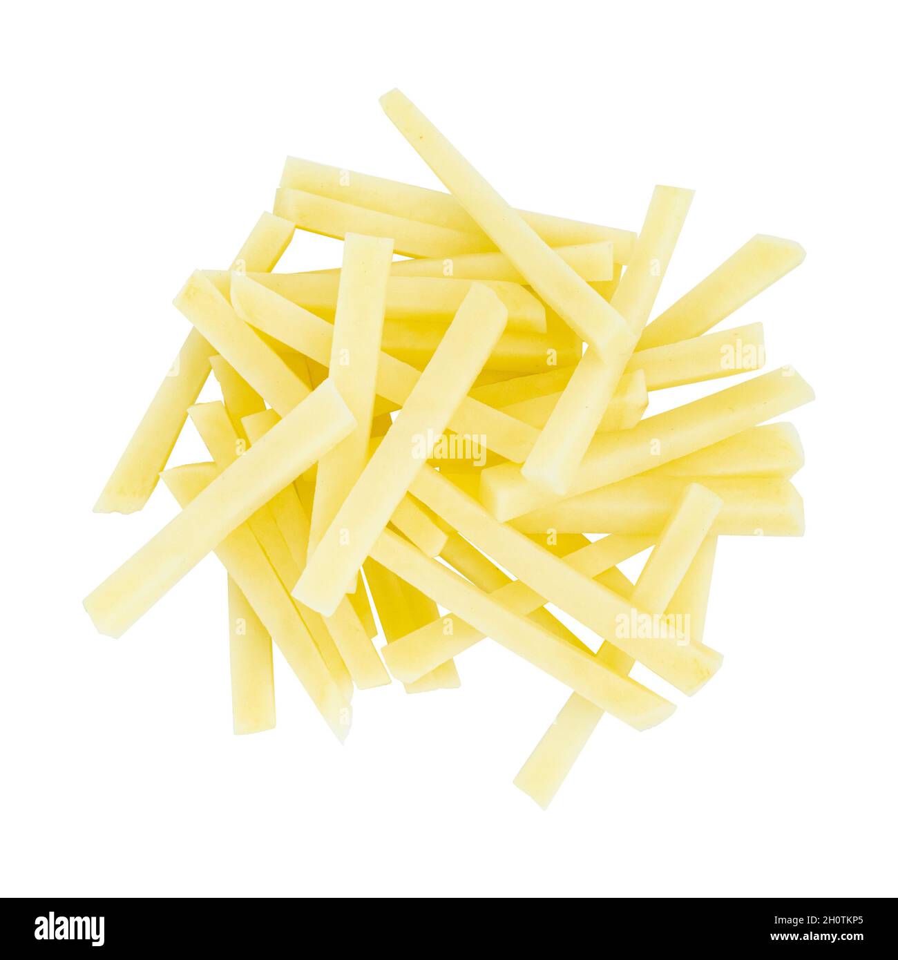 raw potato sliced strips prepared for french fries isolated on white background Stock Photo