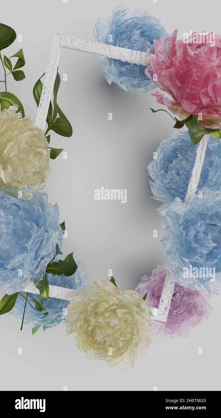 Picture frame with superimposed coloured flowers. 3d rendering Stock ...