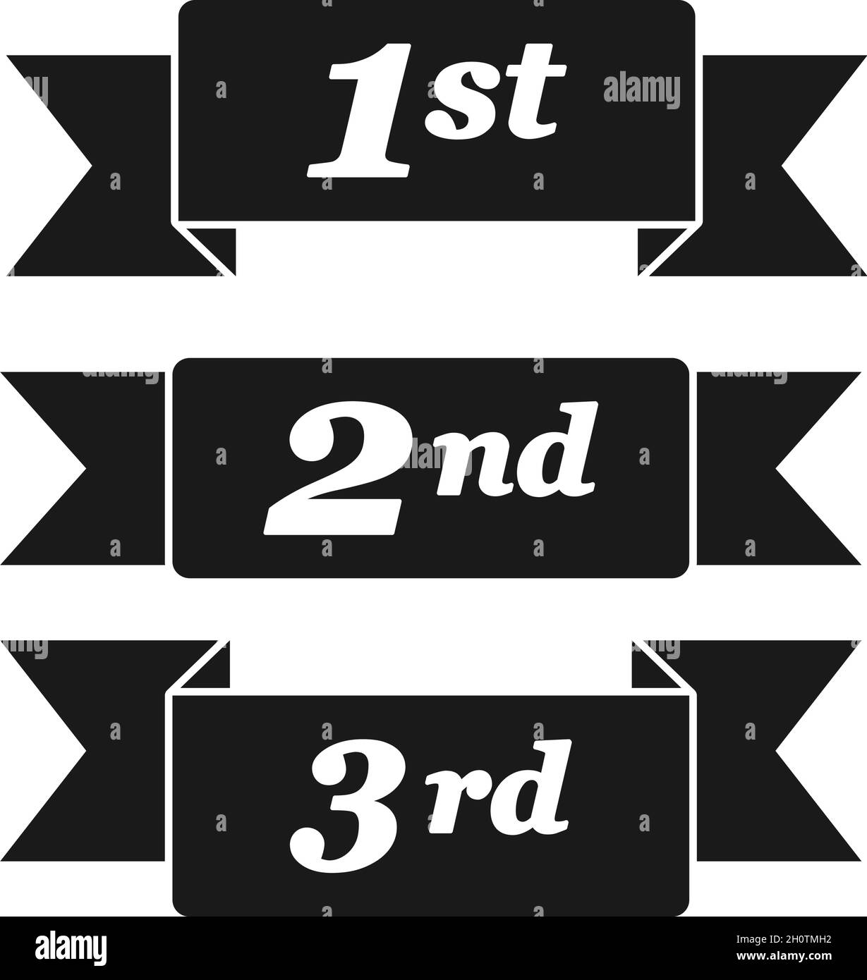 First place second place and third place award winner ribbons or banners in silhouette vector icon set Stock Vector