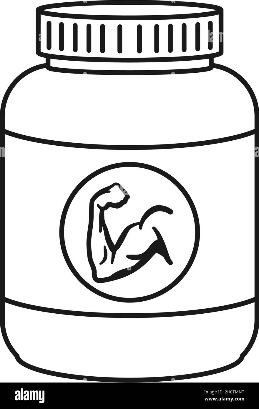 Protein powder container with muscle symbol for fitness concept in outline vector icon Stock Vector
