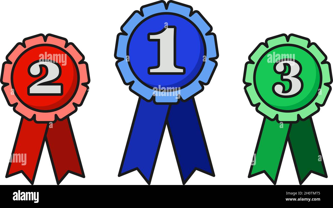 First place second place and third place rossette prize ribbons in blue red and green vector set Stock Vector